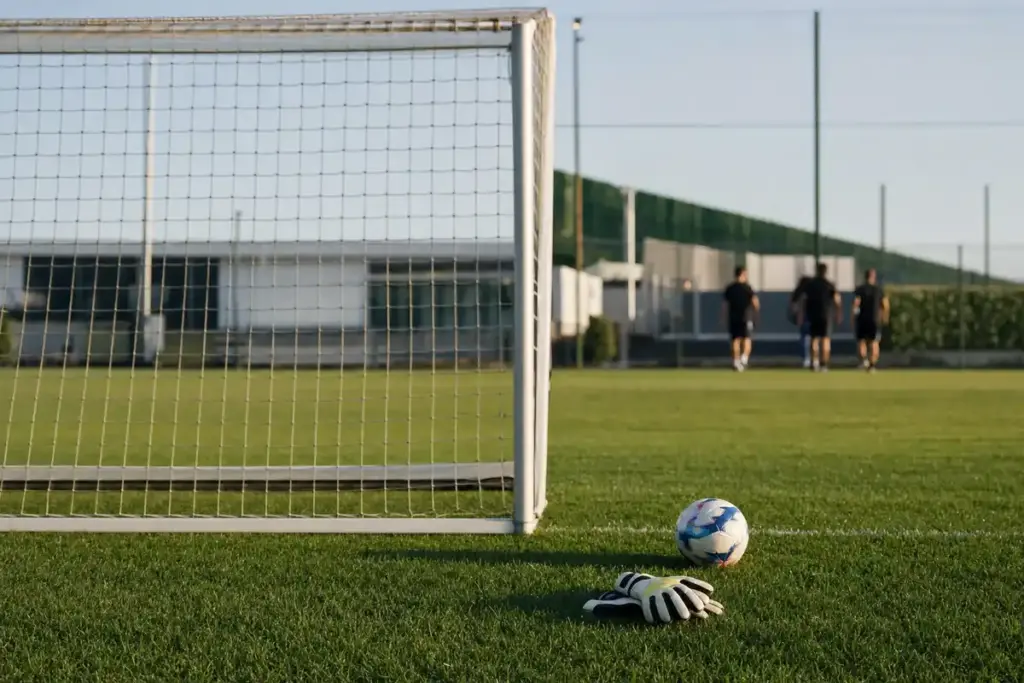 Porta da calcio vuota in un campo di allenamento, con guanti da portiere e pallone sull’erba