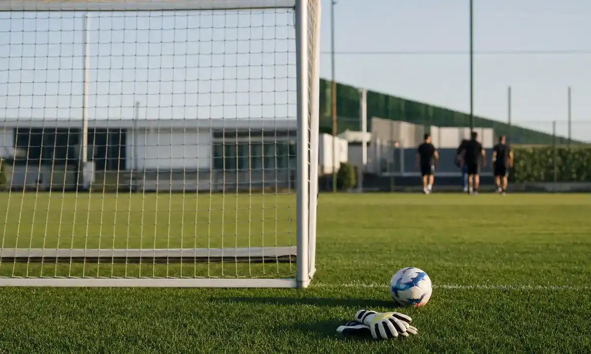 Porta da calcio vuota in un campo di allenamento, con guanti da portiere e pallone sull’erba