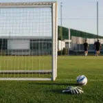 Porta da calcio vuota in un campo di allenamento, con guanti da portiere e pallone sull’erba