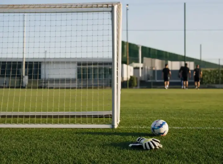 Porta da calcio vuota in un campo di allenamento, con guanti da portiere e pallone sull’erba