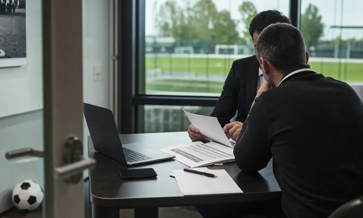 Dirigenti di un club di calcio in riunione con documenti, laptop e telefono, campo di allenamento sullo sfondo