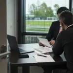 Dirigenti di un club di calcio in riunione con documenti, laptop e telefono, campo di allenamento sullo sfondo