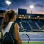 Giovane tennista di spalle con racchetta e zaino su un campo in cemento, con stadio illuminato al crepuscolo