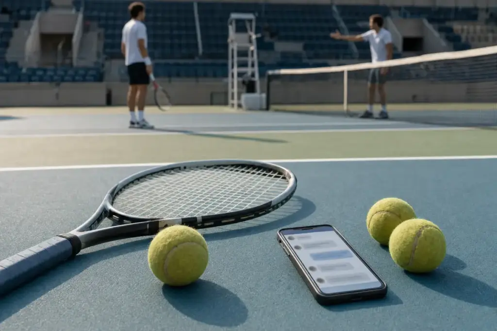Racchetta, palline da tennis e smartphone su un campo, con due giocatori sfocati che discutono oltre la rete