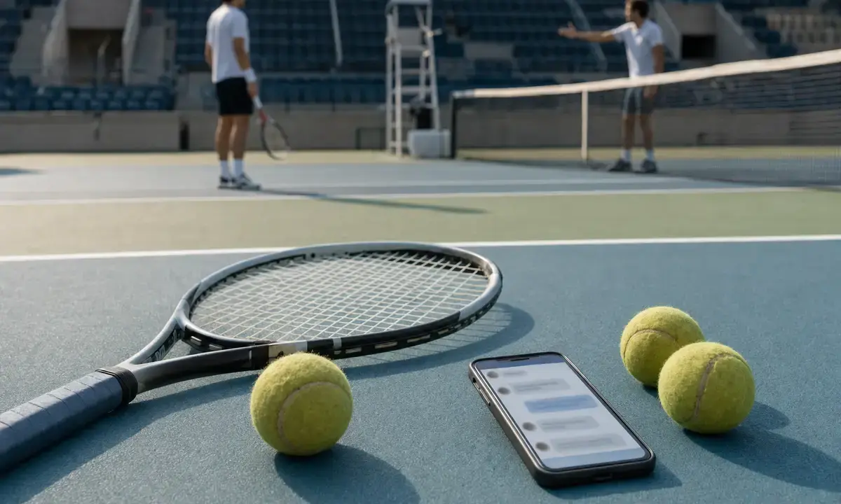 Racchetta, palline da tennis e smartphone su un campo, con due giocatori sfocati che discutono oltre la rete