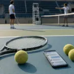 Racchetta, palline da tennis e smartphone su un campo, con due giocatori sfocati che discutono oltre la rete