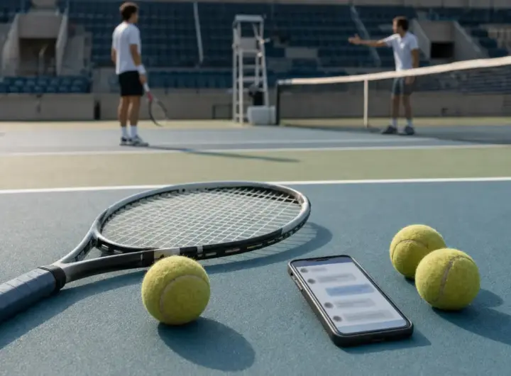 Racchetta, palline da tennis e smartphone su un campo, con due giocatori sfocati che discutono oltre la rete