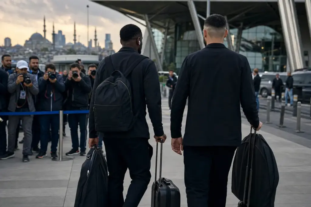 Due calciatori in abiti scuri, visti di spalle, trascinano trolley mentre fotografi li riprendono in un aeroporto