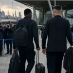 Due calciatori in abiti scuri, visti di spalle, trascinano trolley mentre fotografi li riprendono in un aeroporto