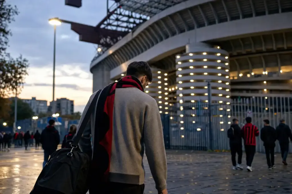 Calciatore di spalle con borsa e sciarpa rossonera che si allontana dallo stadio al tramonto