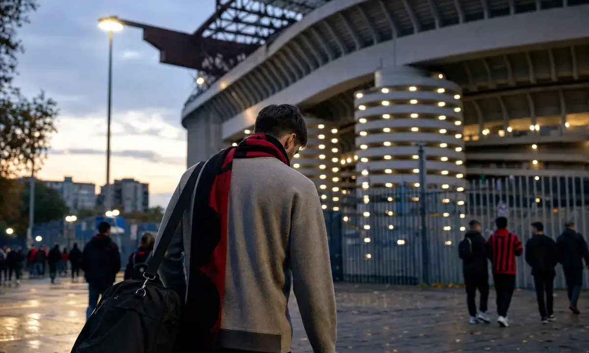 Calciatore di spalle con borsa e sciarpa rossonera che si allontana dallo stadio al tramonto