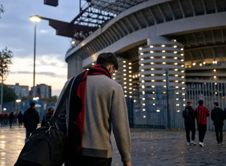 Calciatore di spalle con borsa e sciarpa rossonera che si allontana dallo stadio al tramonto