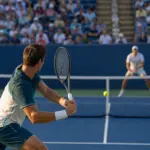 Tennista in primo piano prepara un rovescio su campo in cemento blu, con avversario sfocato dall’altra parte della rete