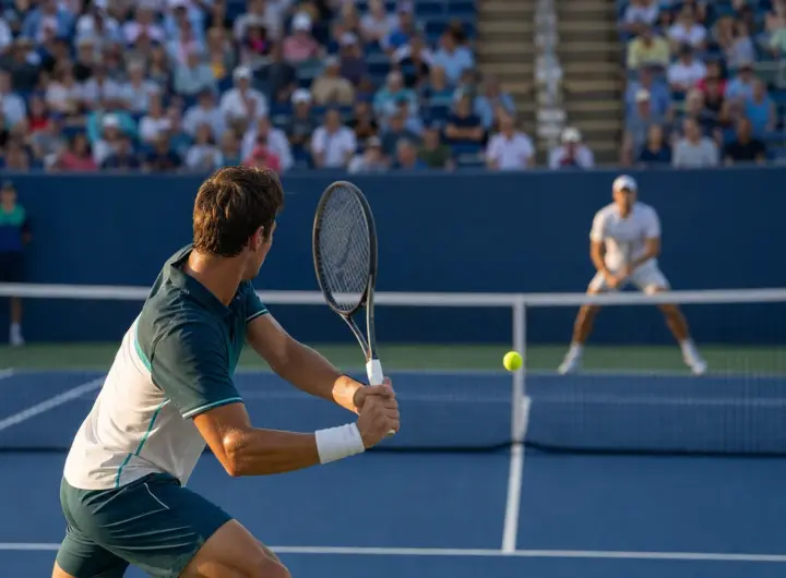 Tennista in primo piano prepara un rovescio su campo in cemento blu, con avversario sfocato dall’altra parte della rete