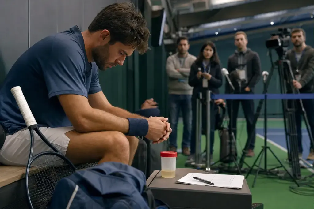 Tennista seduto pensieroso con racchetta; sul tavolo provetta e documenti, giornalisti e microfoni sullo sfondo