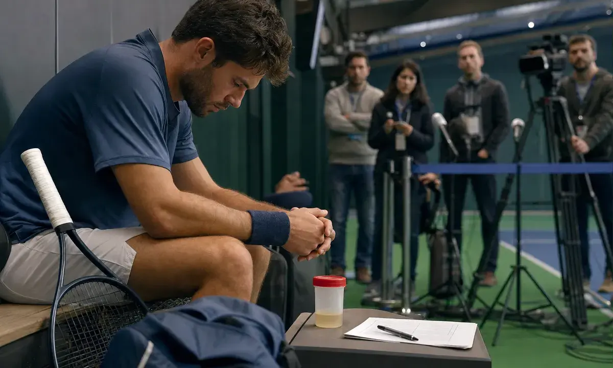 Tennista seduto pensieroso con racchetta; sul tavolo provetta e documenti, giornalisti e microfoni sullo sfondo