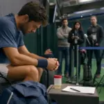 Tennista seduto pensieroso con racchetta; sul tavolo provetta e documenti, giornalisti e microfoni sullo sfondo