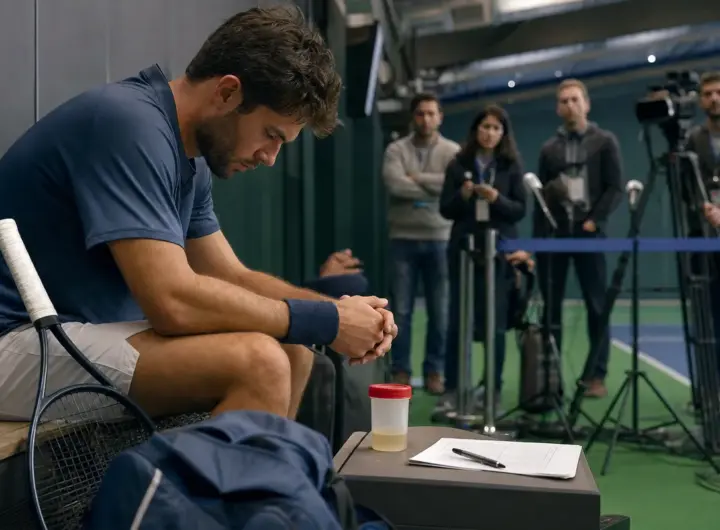 Tennista seduto pensieroso con racchetta; sul tavolo provetta e documenti, giornalisti e microfoni sullo sfondo