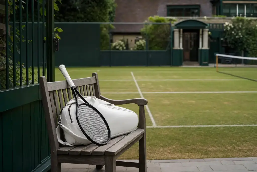 Racchetta da tennis e borsa bianca su una panchina in legno accanto a un campo in erba