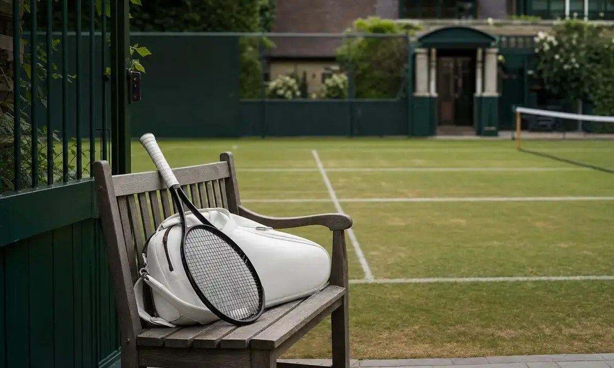 Racchetta da tennis e borsa bianca su una panchina in legno accanto a un campo in erba
