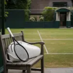 Racchetta da tennis e borsa bianca su una panchina in legno accanto a un campo in erba