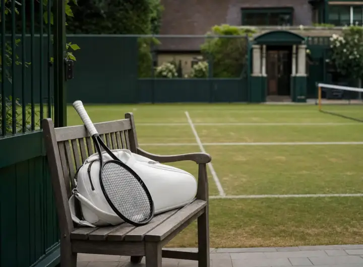 Racchetta da tennis e borsa bianca su una panchina in legno accanto a un campo in erba