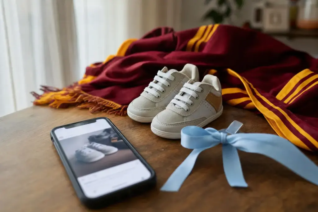 Scarpine da neonato su tavolo di legno con fiocco azzurro, smartphone sfocato e sciarpa giallorossa sullo sfondo