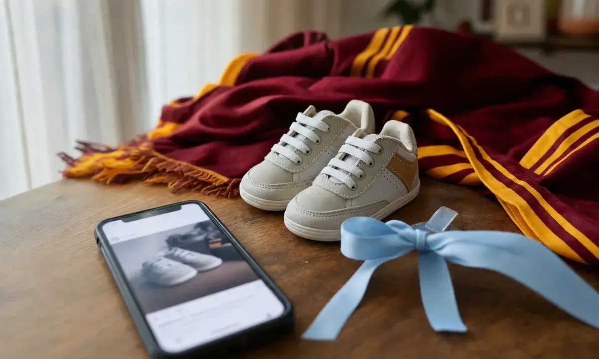 Scarpine da neonato su tavolo di legno con fiocco azzurro, smartphone sfocato e sciarpa giallorossa sullo sfondo