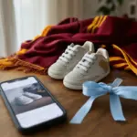 Scarpine da neonato su tavolo di legno con fiocco azzurro, smartphone sfocato e sciarpa giallorossa sullo sfondo
