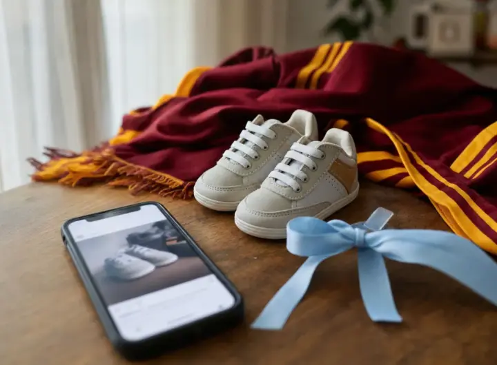 Scarpine da neonato su tavolo di legno con fiocco azzurro, smartphone sfocato e sciarpa giallorossa sullo sfondo