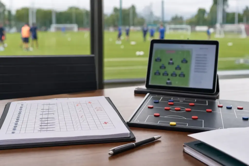Scrivania con foglio formazione barrato, lavagna tattica e tablet, sullo sfondo campo di allenamento sfocato