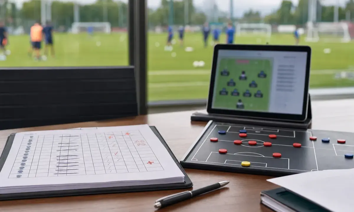 Scrivania con foglio formazione barrato, lavagna tattica e tablet, sullo sfondo campo di allenamento sfocato