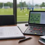Scrivania con foglio formazione barrato, lavagna tattica e tablet, sullo sfondo campo di allenamento sfocato
