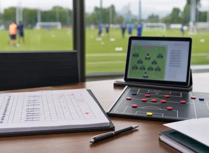 Scrivania con foglio formazione barrato, lavagna tattica e tablet, sullo sfondo campo di allenamento sfocato