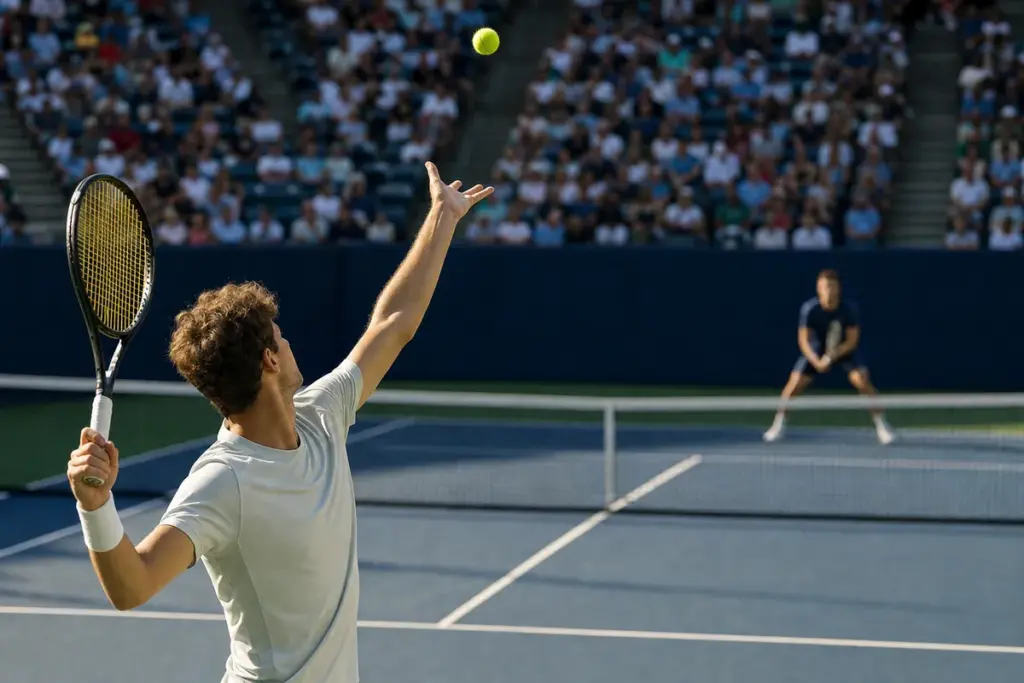 Tennista in maglia chiara al servizio su un campo in cemento, con avversario sfocato e pubblico sugli spalti