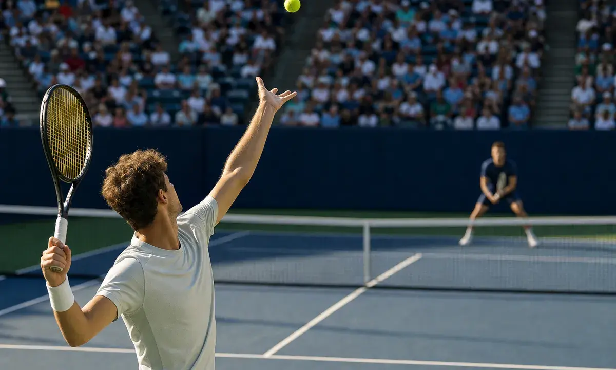 Tennista in maglia chiara al servizio su un campo in cemento, con avversario sfocato e pubblico sugli spalti