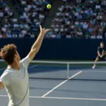 Tennista in maglia chiara al servizio su un campo in cemento, con avversario sfocato e pubblico sugli spalti