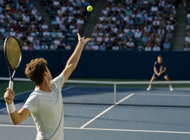 Tennista in maglia chiara al servizio su un campo in cemento, con avversario sfocato e pubblico sugli spalti