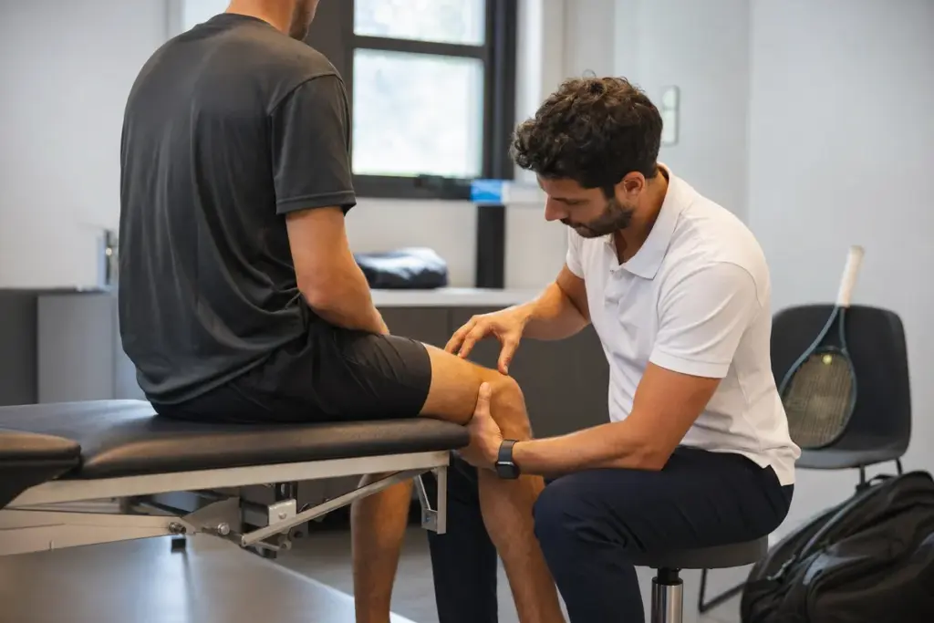 Fisioterapista controlla il ginocchio di un tennista seduto sul lettino in un ambulatorio, con racchetta e borsa a lato
