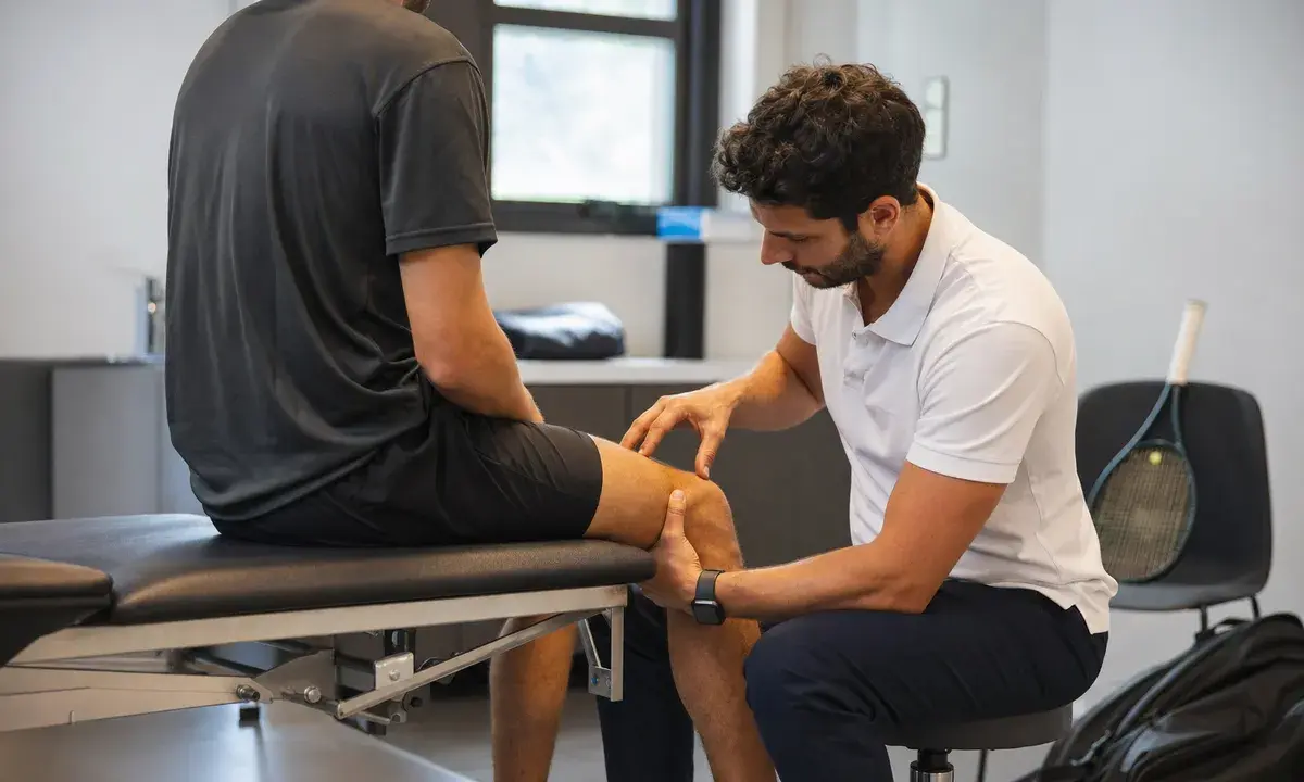 Fisioterapista controlla il ginocchio di un tennista seduto sul lettino in un ambulatorio, con racchetta e borsa a lato