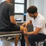 Fisioterapista controlla il ginocchio di un tennista seduto sul lettino in un ambulatorio, con racchetta e borsa a lato
