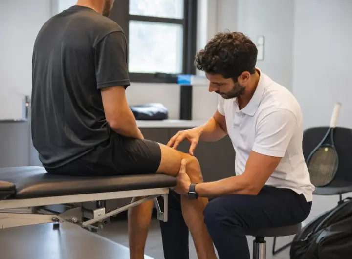 Fisioterapista controlla il ginocchio di un tennista seduto sul lettino in un ambulatorio, con racchetta e borsa a lato
