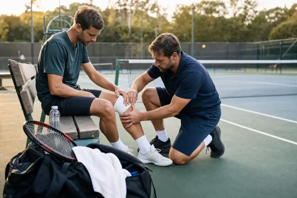 Tennista seduto in panchina mentre un fisioterapista fascia il ginocchio a bordo di un campo da tennis