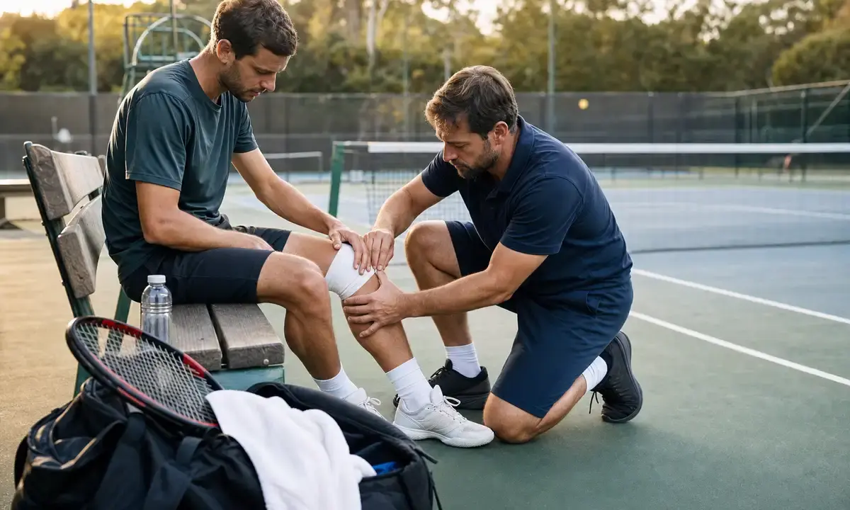Tennista seduto in panchina mentre un fisioterapista fascia il ginocchio a bordo di un campo da tennis