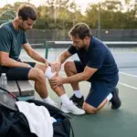 Tennista seduto in panchina mentre un fisioterapista fascia il ginocchio a bordo di un campo da tennis