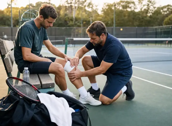 Tennista seduto in panchina mentre un fisioterapista fascia il ginocchio a bordo di un campo da tennis