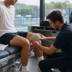 Fisioterapista tratta il ginocchio destro di un tennista seduto su lettino, con campi da tennis sullo sfondo