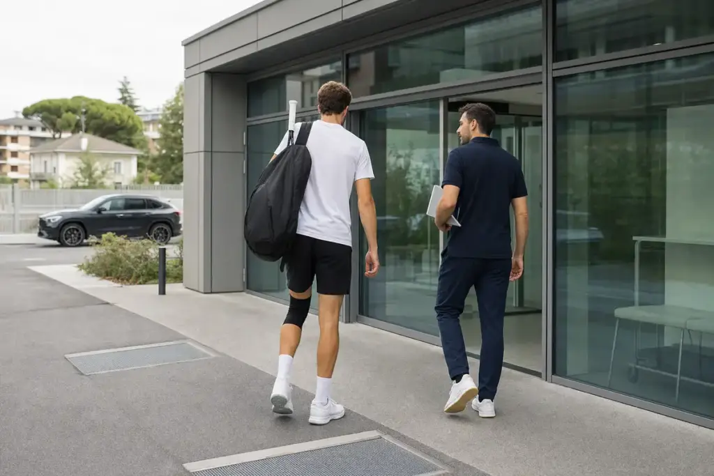 Tennista con borsa e ginocchiera al ginocchio sinistro entra in una clinica moderna con un membro dello staff