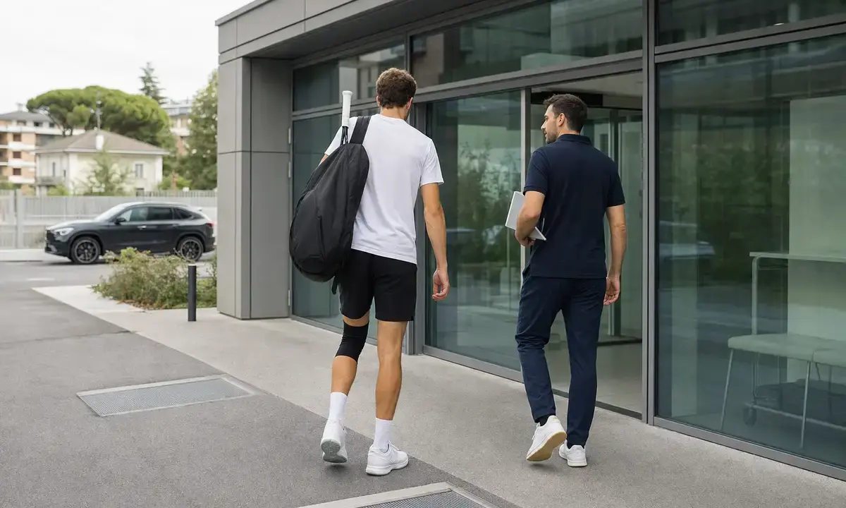 Tennista con borsa e ginocchiera al ginocchio sinistro entra in una clinica moderna con un membro dello staff