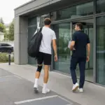 Tennista con borsa e ginocchiera al ginocchio sinistro entra in una clinica moderna con un membro dello staff